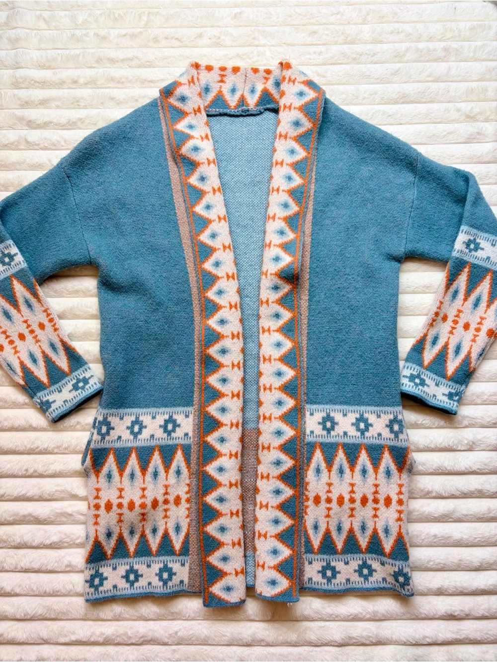 Teal and Orange Geometric Open-Front Women's Sweater Cardigan